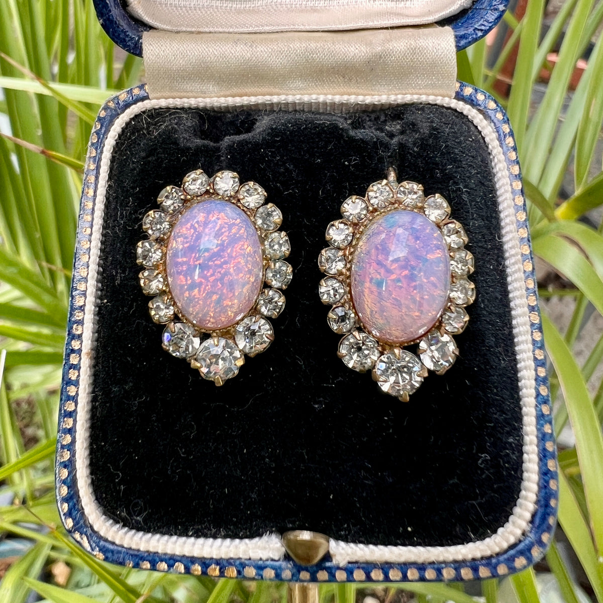 Vintage Georgian Style Opaline Halo Earrings with Gold Wires