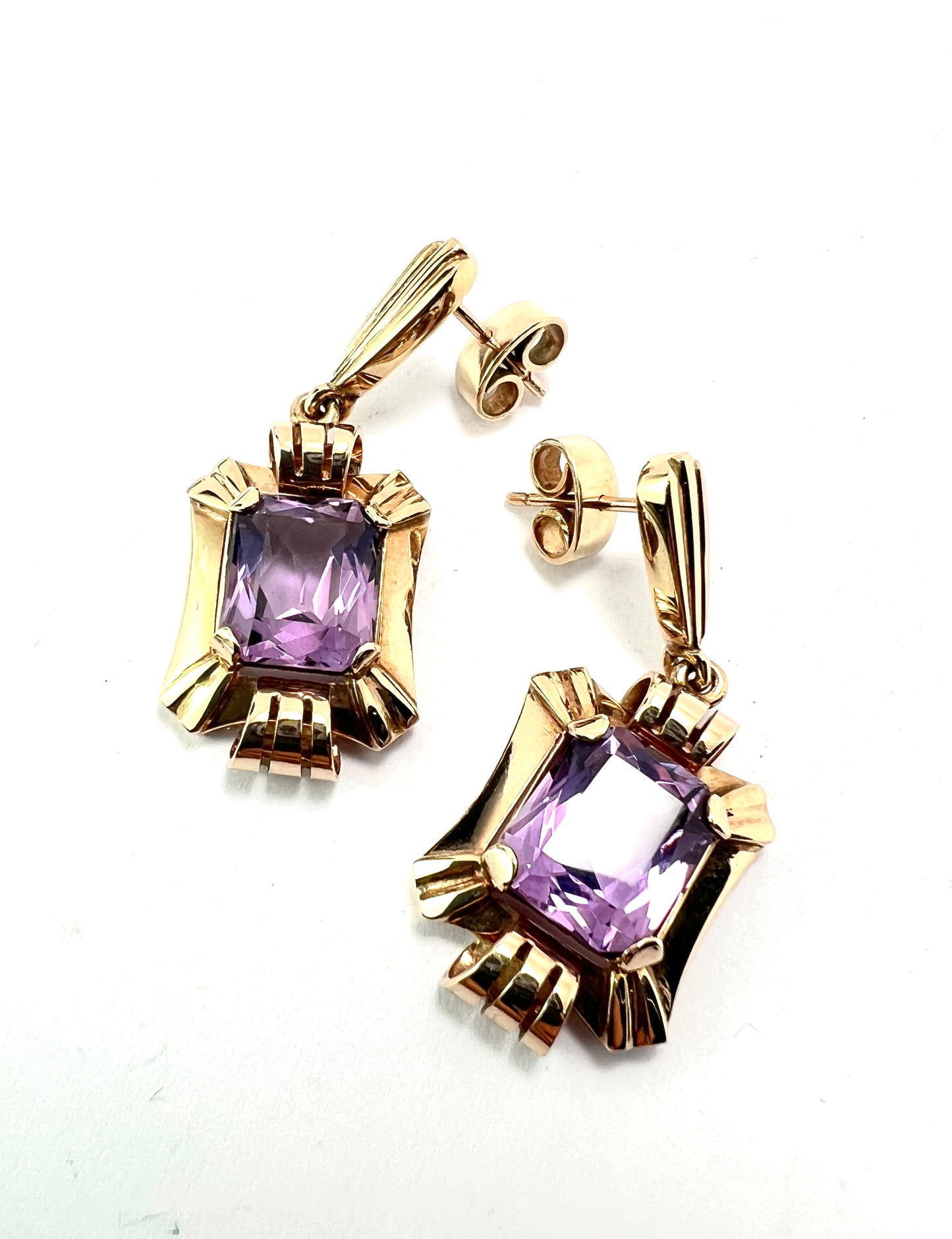Chunky Vintage Late Art Deco Gold Amethyst Earrings