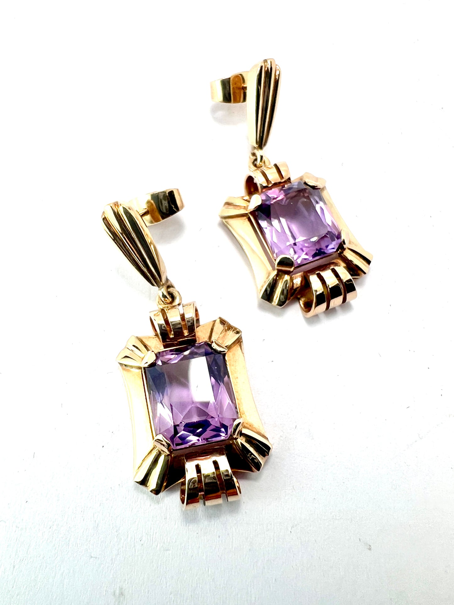 Chunky Vintage Late Art Deco Gold Amethyst Earrings
