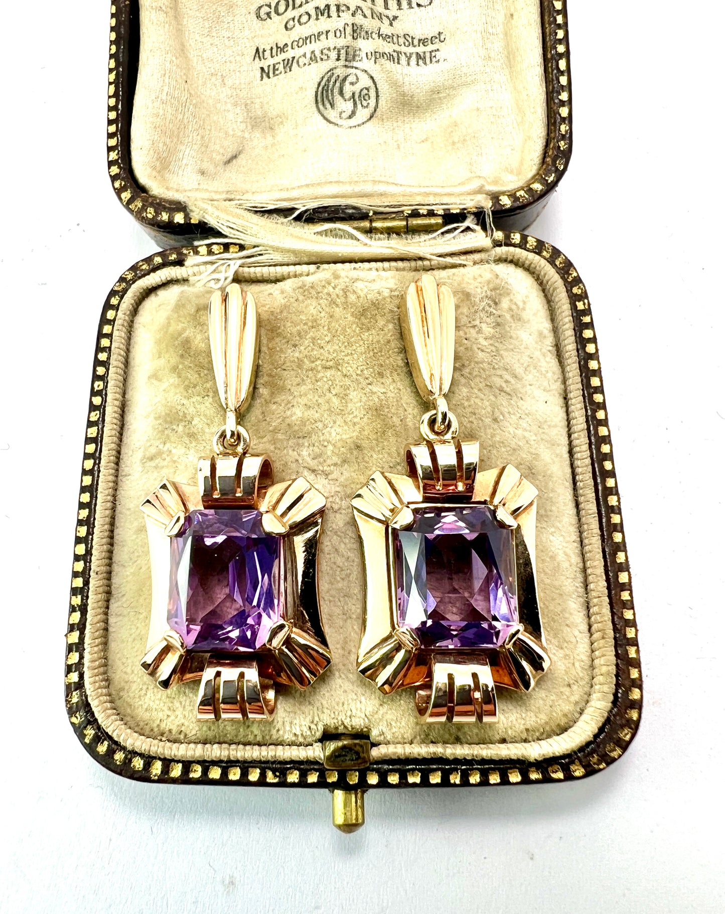 Chunky Vintage Late Art Deco Gold Amethyst Earrings