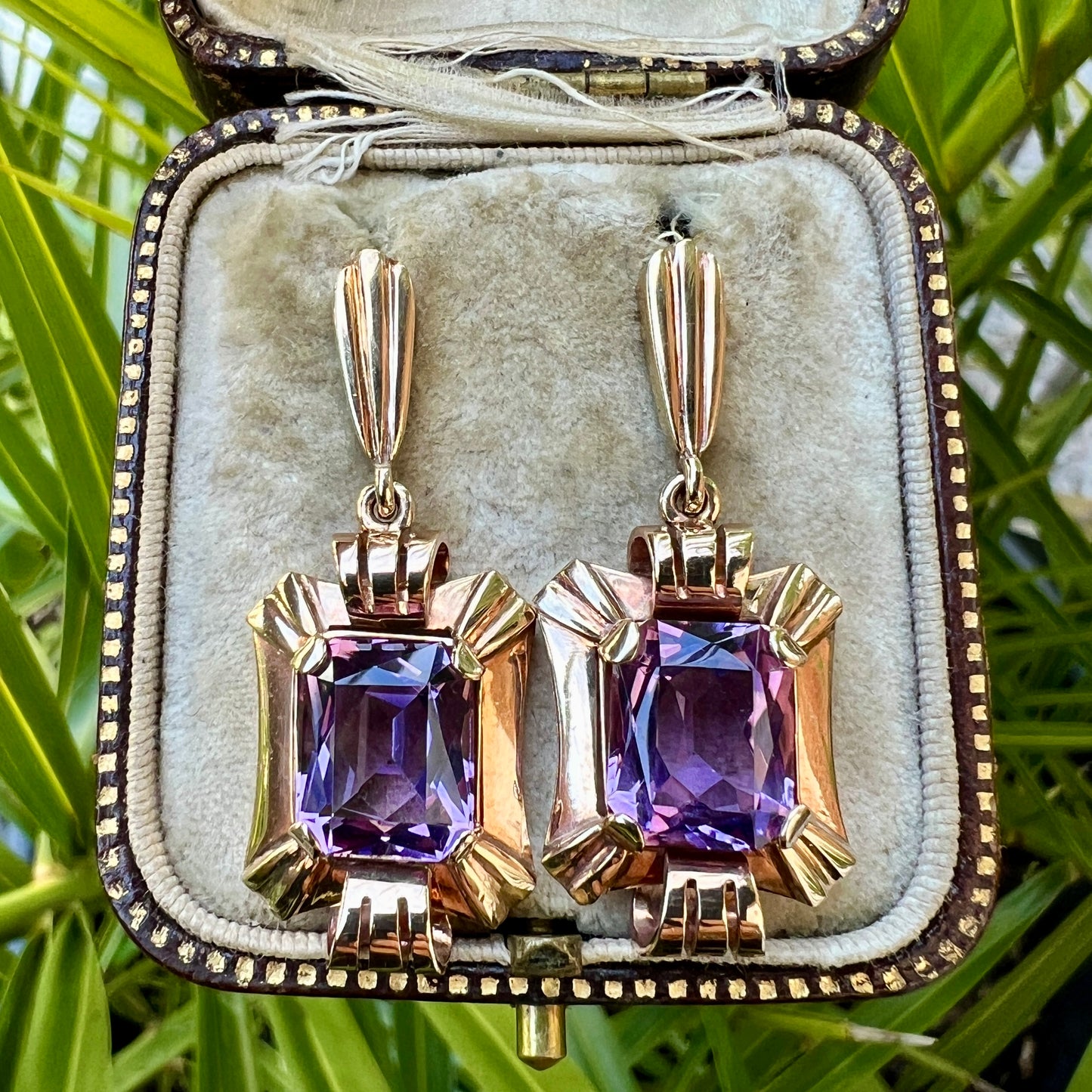 Chunky Vintage Late Art Deco Gold Amethyst Earrings