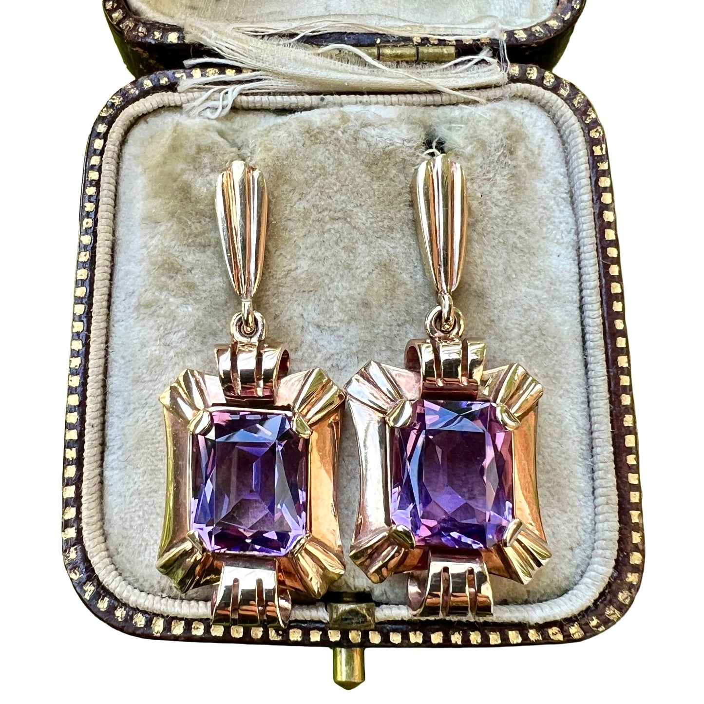 Chunky Vintage Late Art Deco Gold Amethyst Earrings