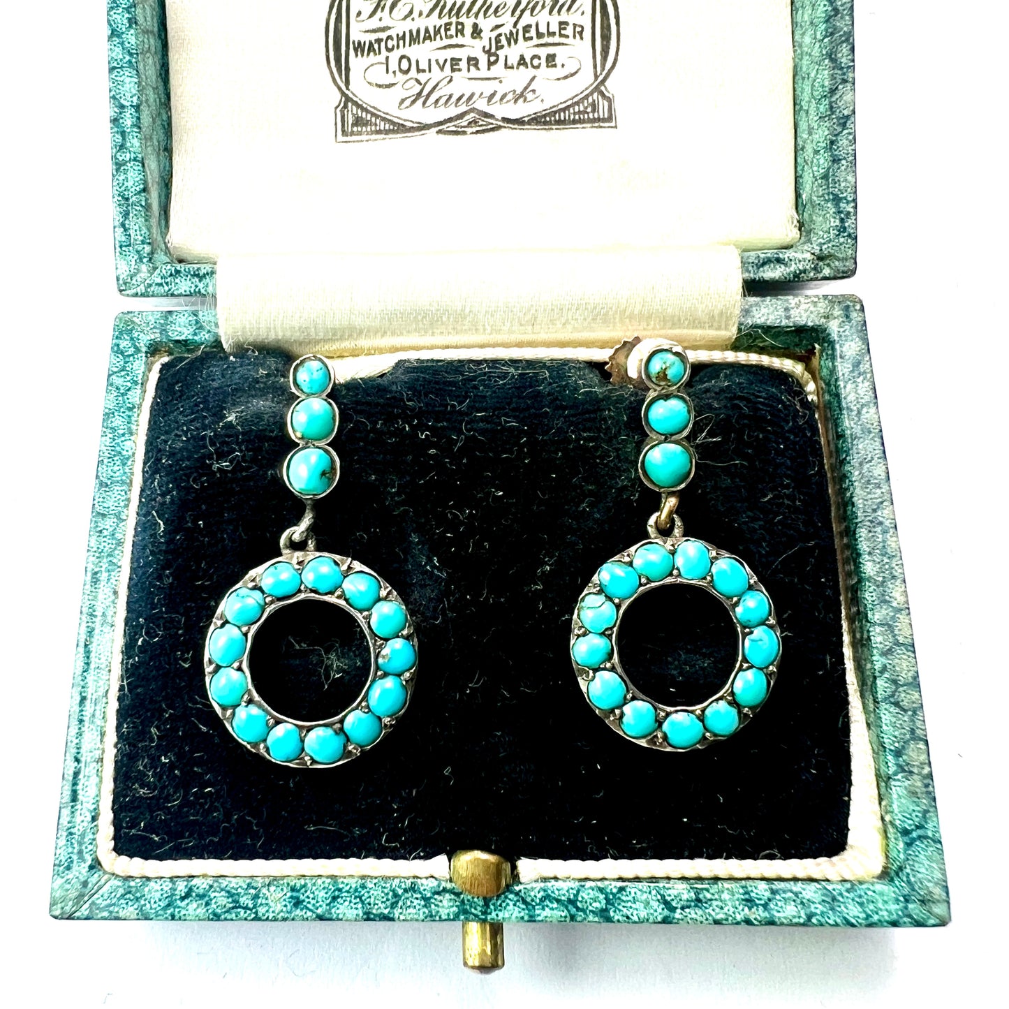 Victorian Gold and Silver Turquoise Dangling Hoop Earrings