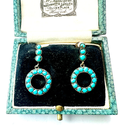 Victorian Gold and Silver Turquoise Dangling Hoop Earrings
