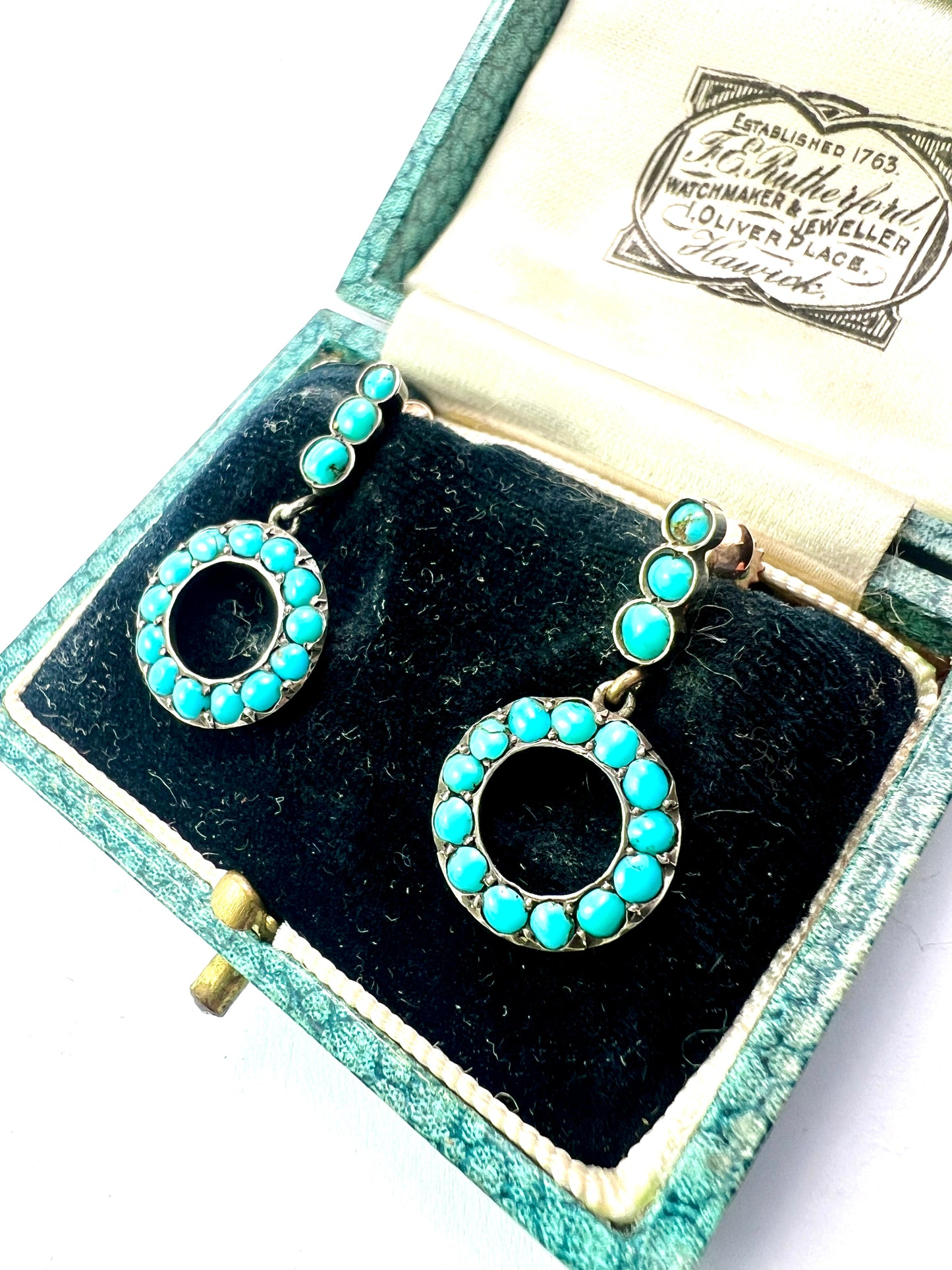 Victorian Gold and Silver Turquoise Dangling Hoop Earrings
