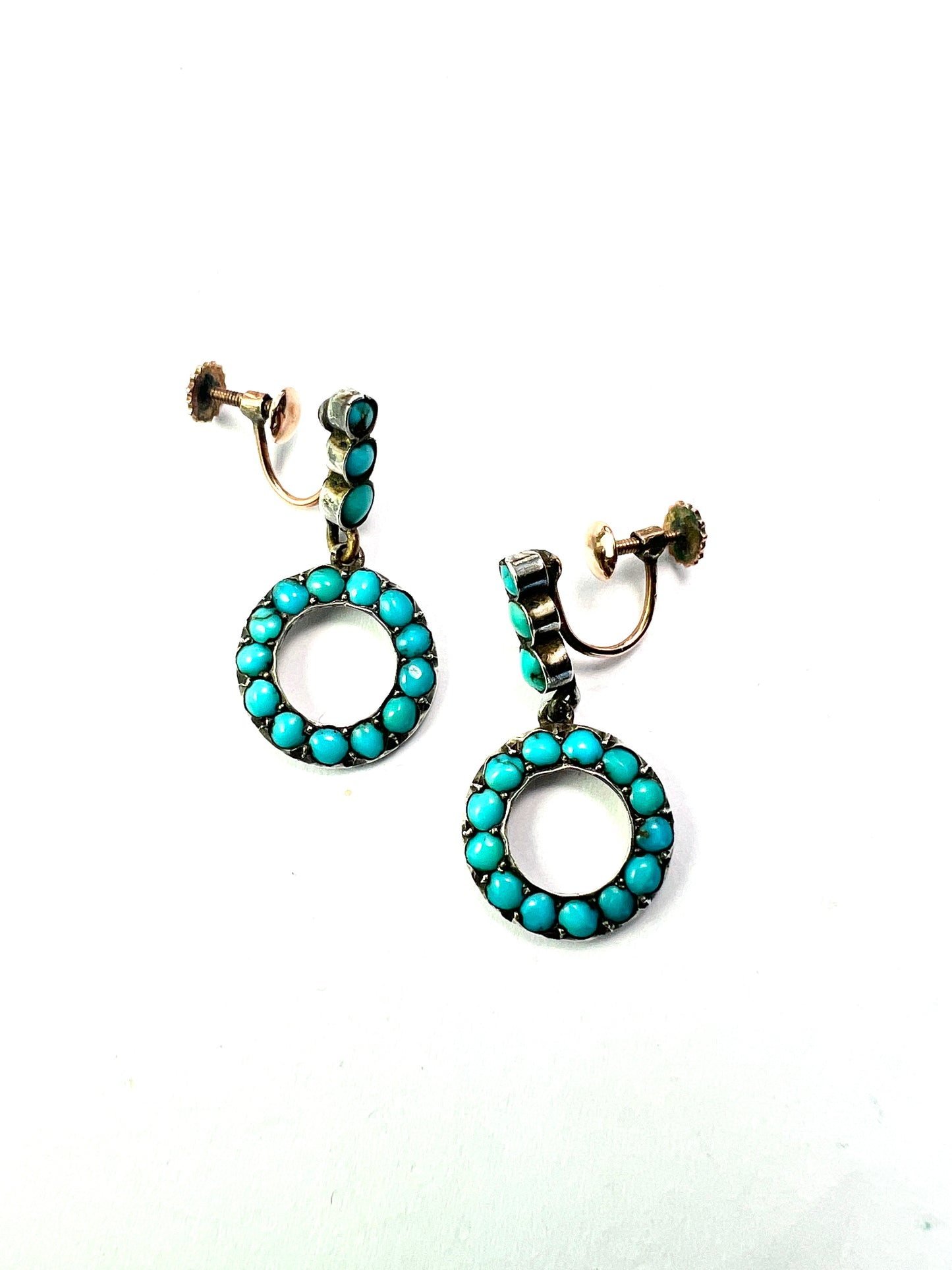 Victorian Gold and Silver Turquoise Dangling Hoop Earrings