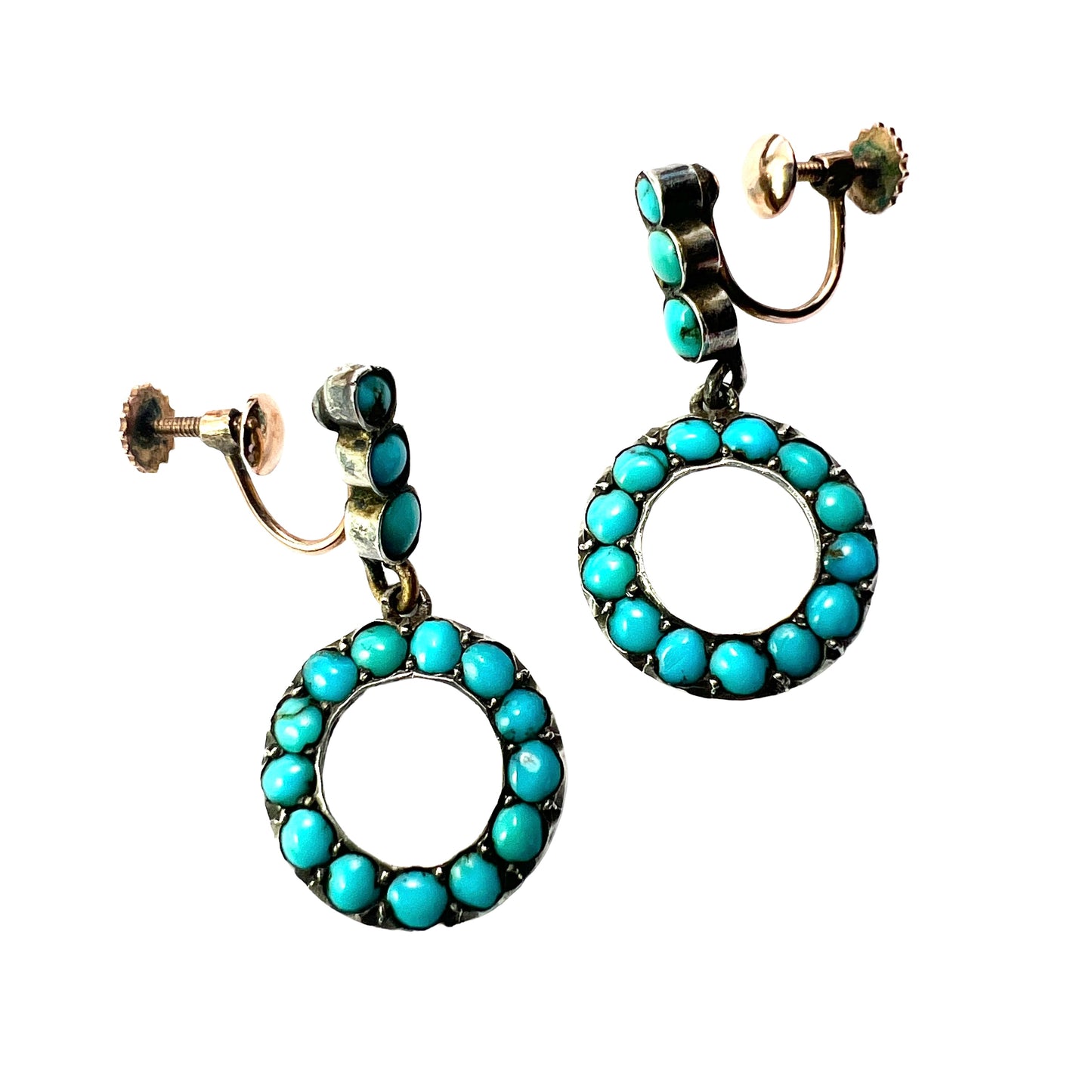 Victorian Gold and Silver Turquoise Dangling Hoop Earrings