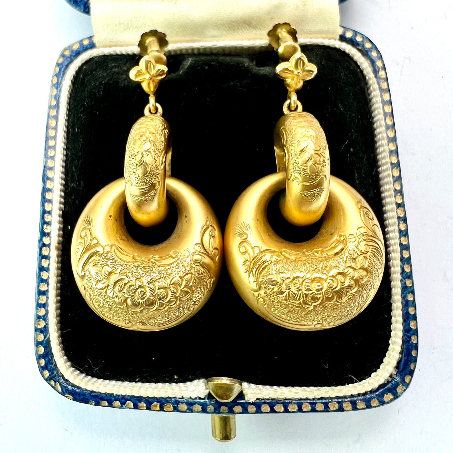 Victorian 15CT Gold Puffy Hoop Drop Earrings