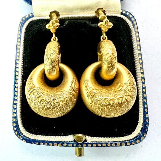 Victorian 15CT Gold Puffy Hoop Drop Earrings