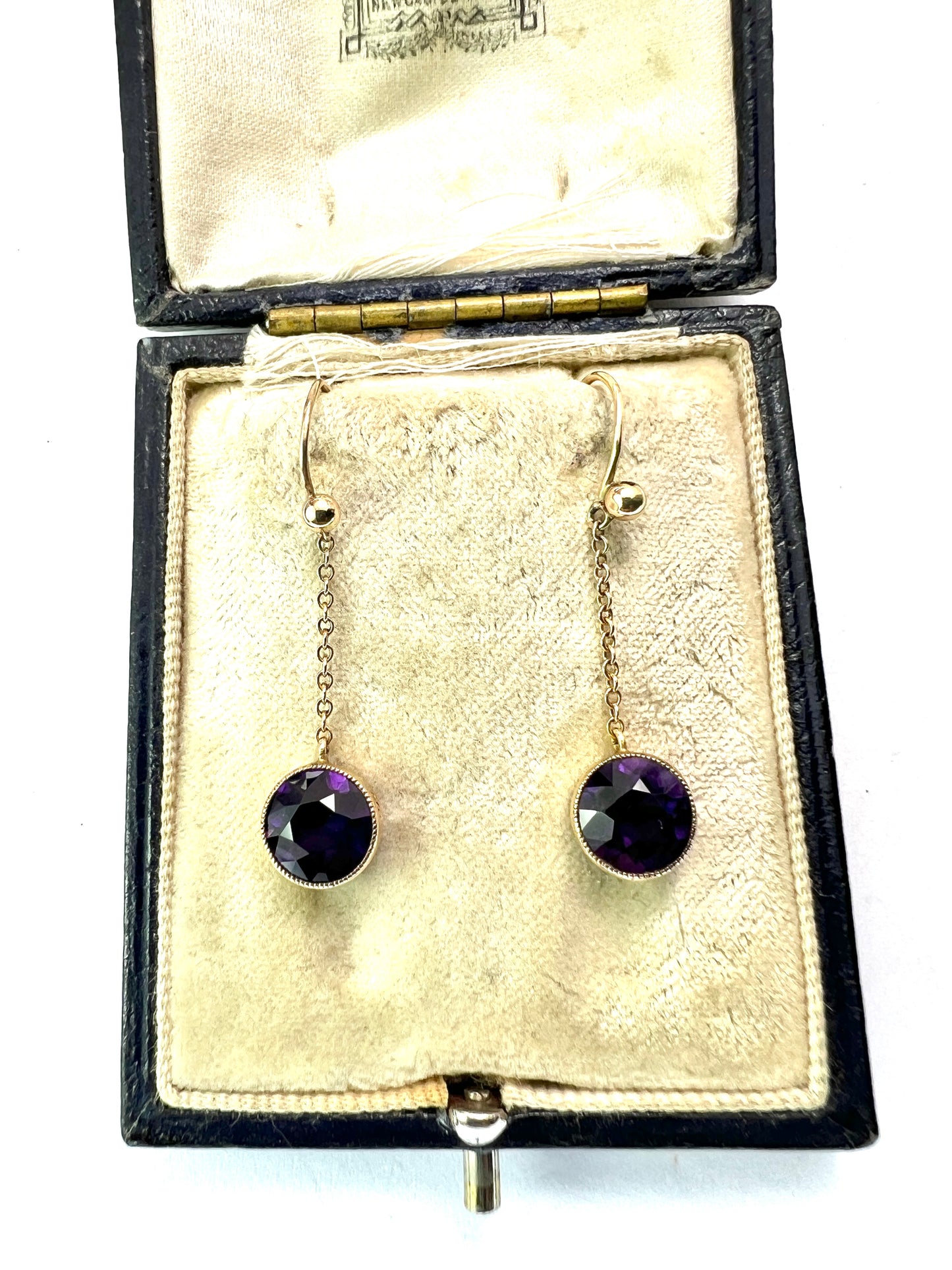 Edwardian 9CT Gold Amethyst Chain Drop Earrings