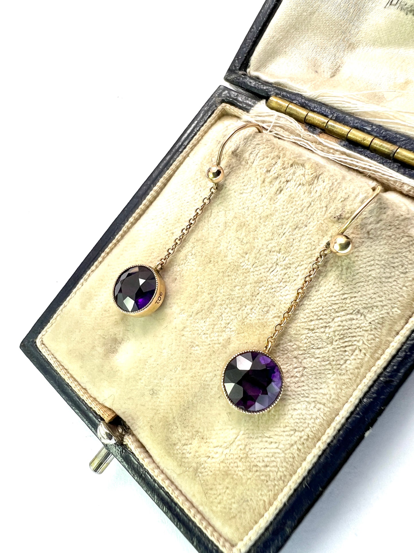 Edwardian 9CT Gold Amethyst Chain Drop Earrings