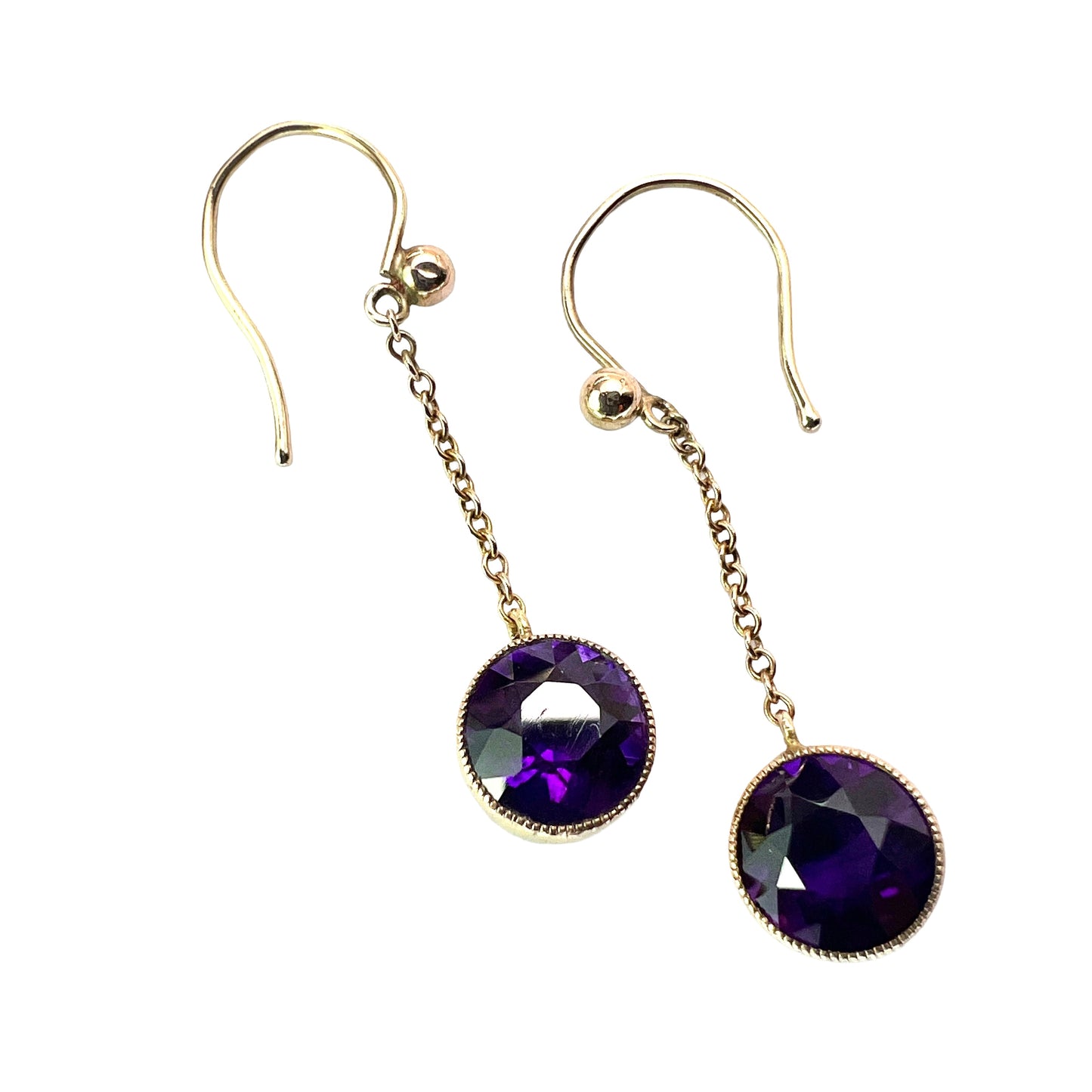 Edwardian 9CT Gold Amethyst Chain Drop Earrings