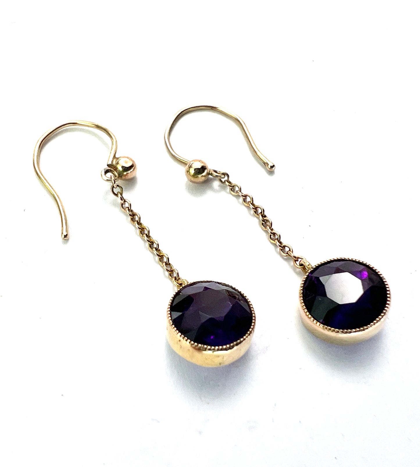 Edwardian 9CT Gold Amethyst Chain Drop Earrings