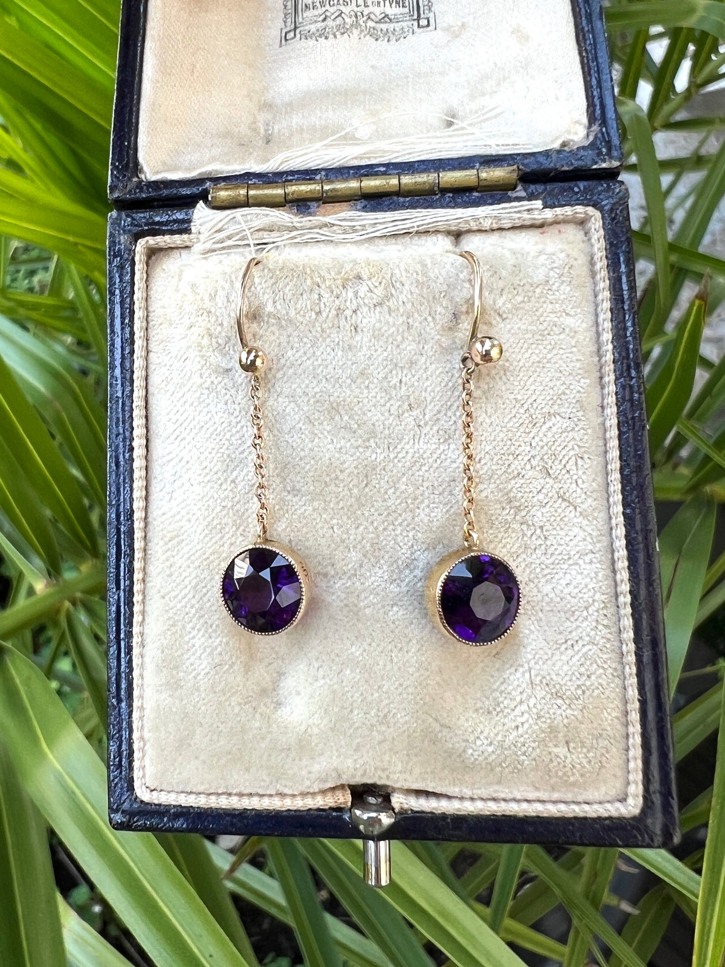 Edwardian 9CT Gold Amethyst Chain Drop Earrings