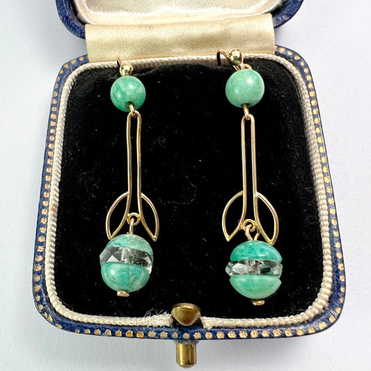 Art Deco Gold Aqua Crystal Egg Earrings