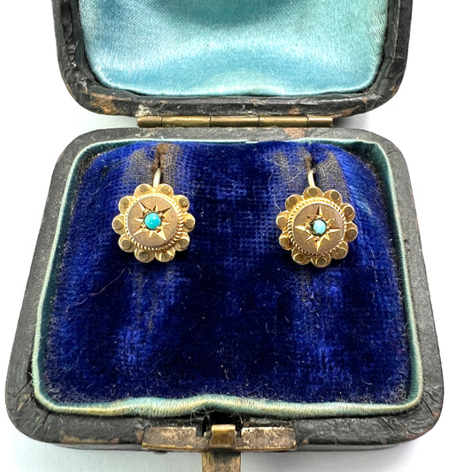 Victorian 9CT Gold and Turquoise Flower Earrings