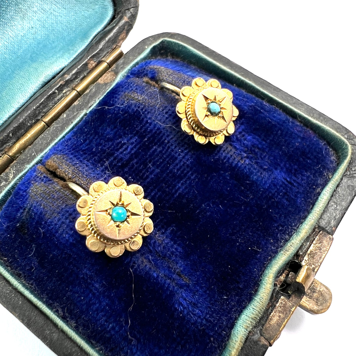 Victorian 9CT Gold and Turquoise Flower Earrings