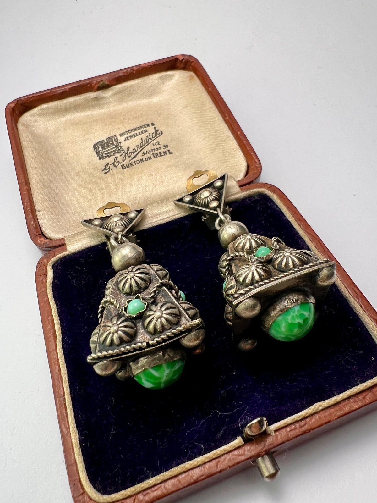 Vintage Turquoise Jade Glass Pyramid Clip Earrings