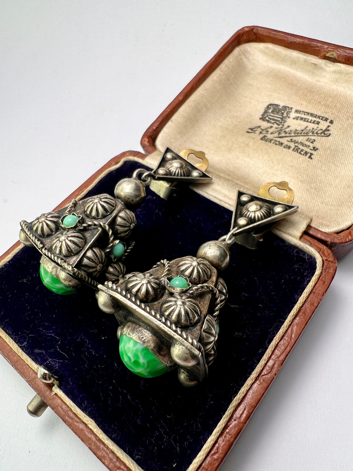 Vintage Turquoise Jade Glass Pyramid Clip Earrings