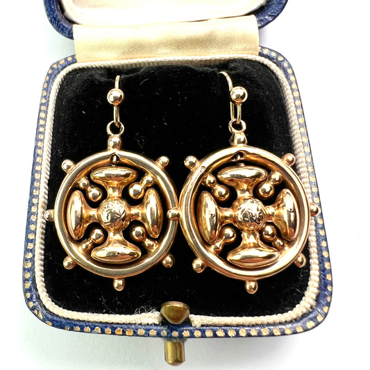 Victorian 9CT Gold Square Cross Wheel Earrings