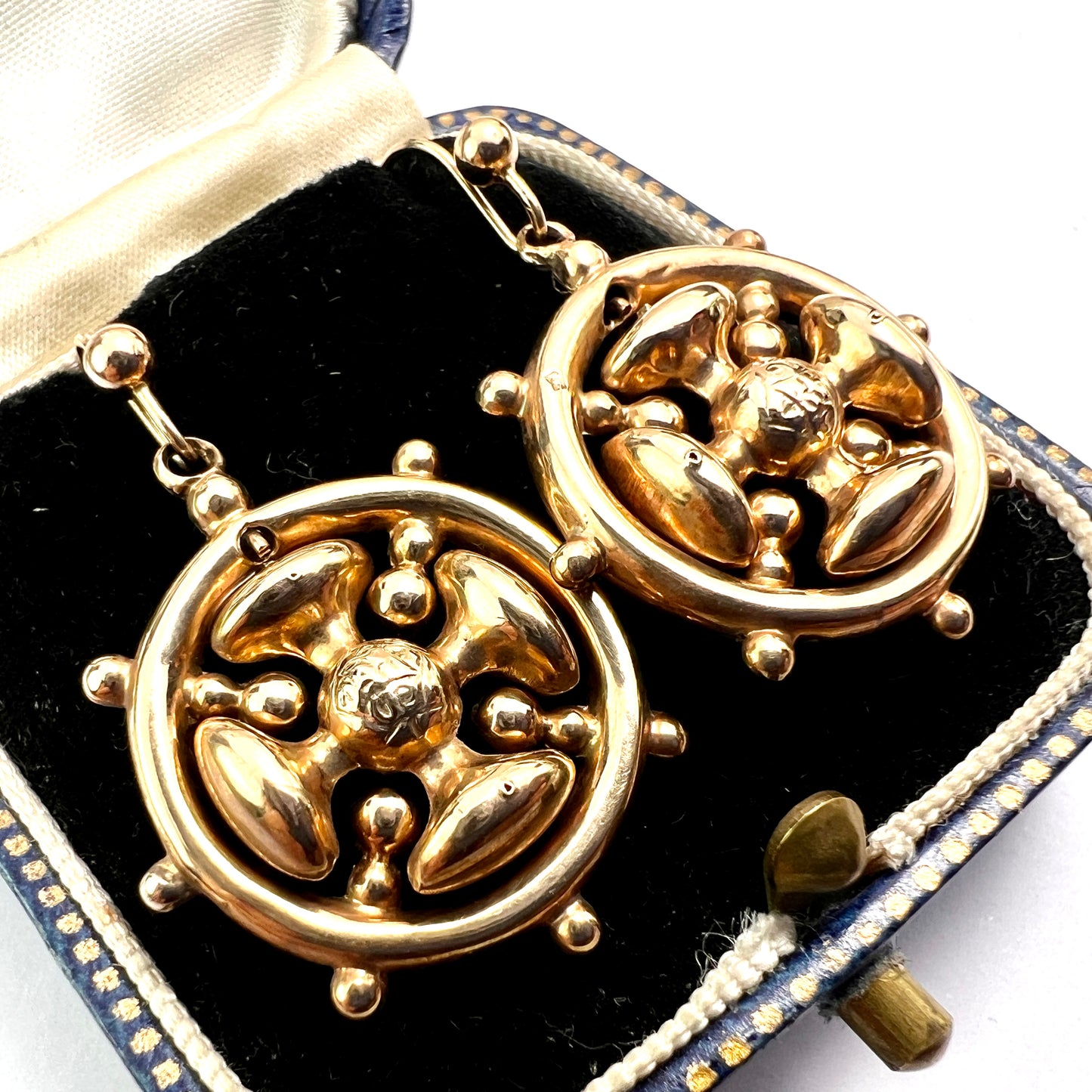 Victorian 9CT Gold Square Cross Wheel Earrings