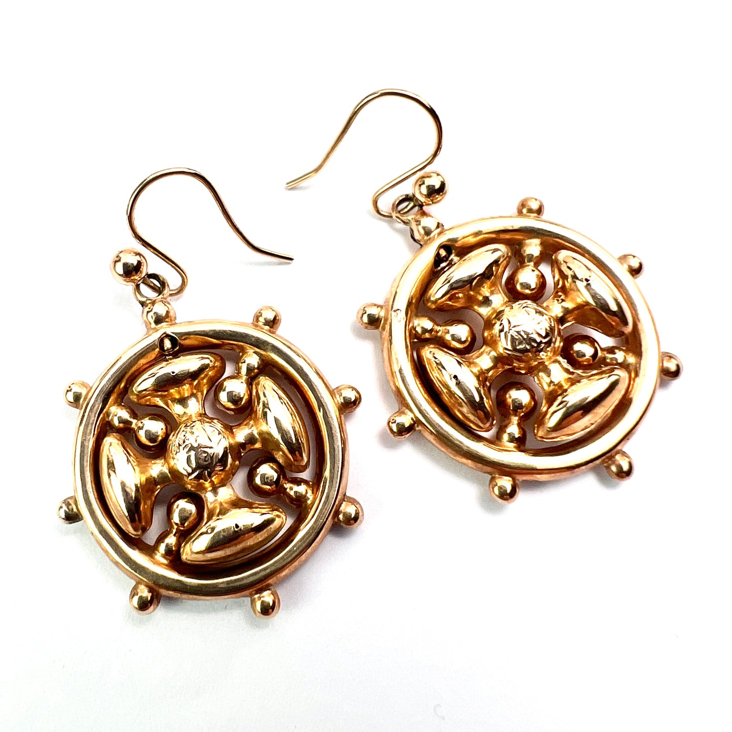 Victorian 9CT Gold Square Cross Wheel Earrings