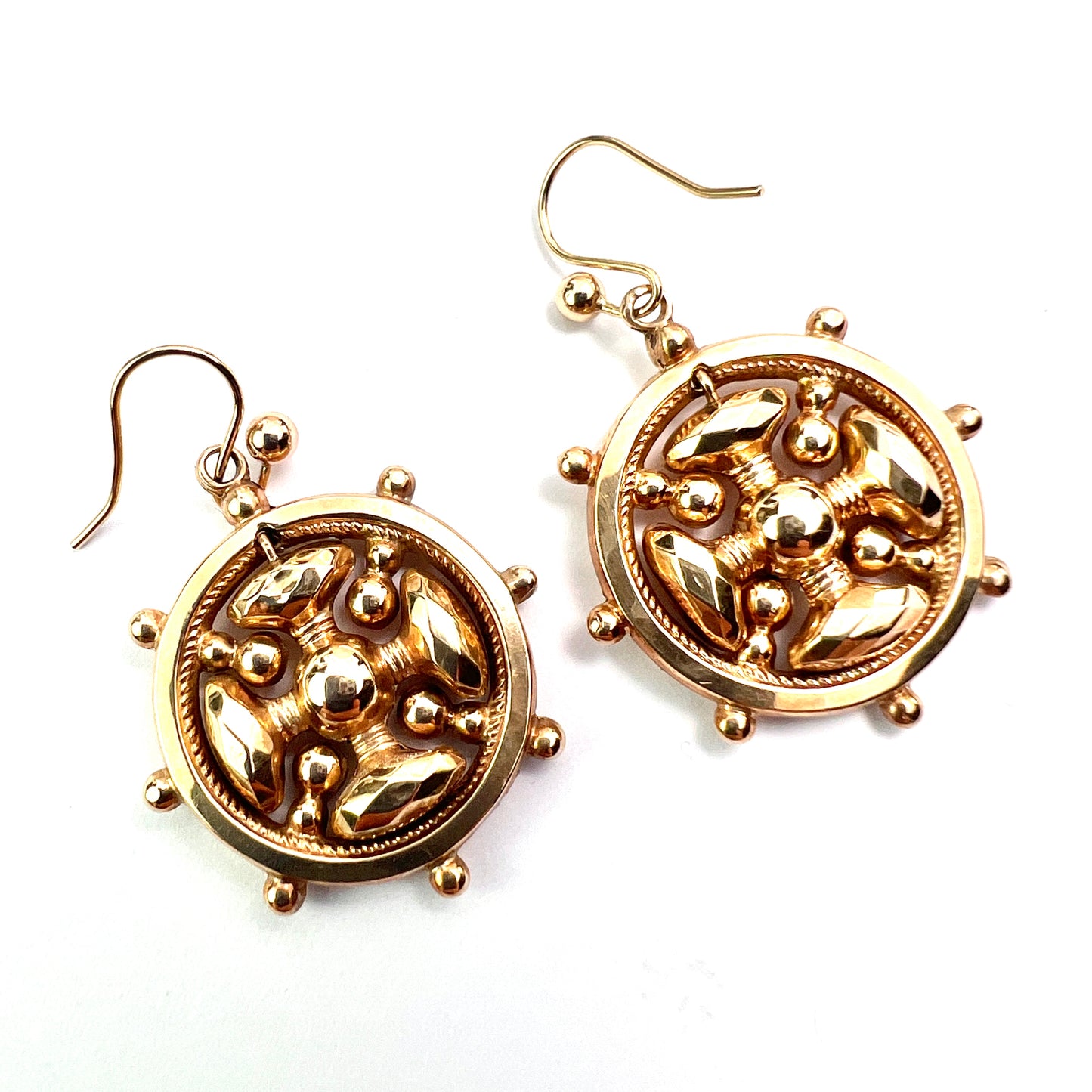 Victorian 9CT Gold Square Cross Wheel Earrings