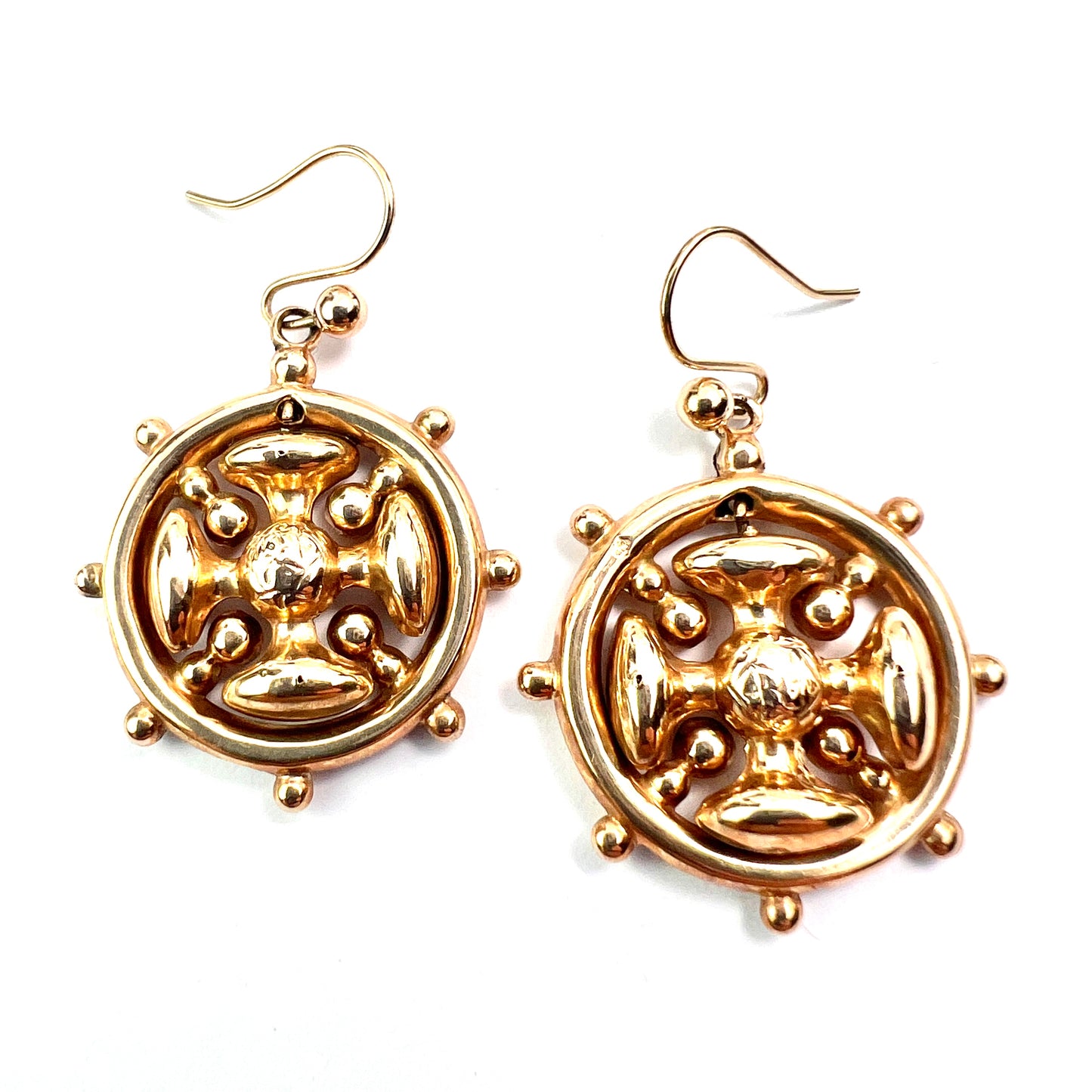 Victorian 9CT Gold Square Cross Wheel Earrings