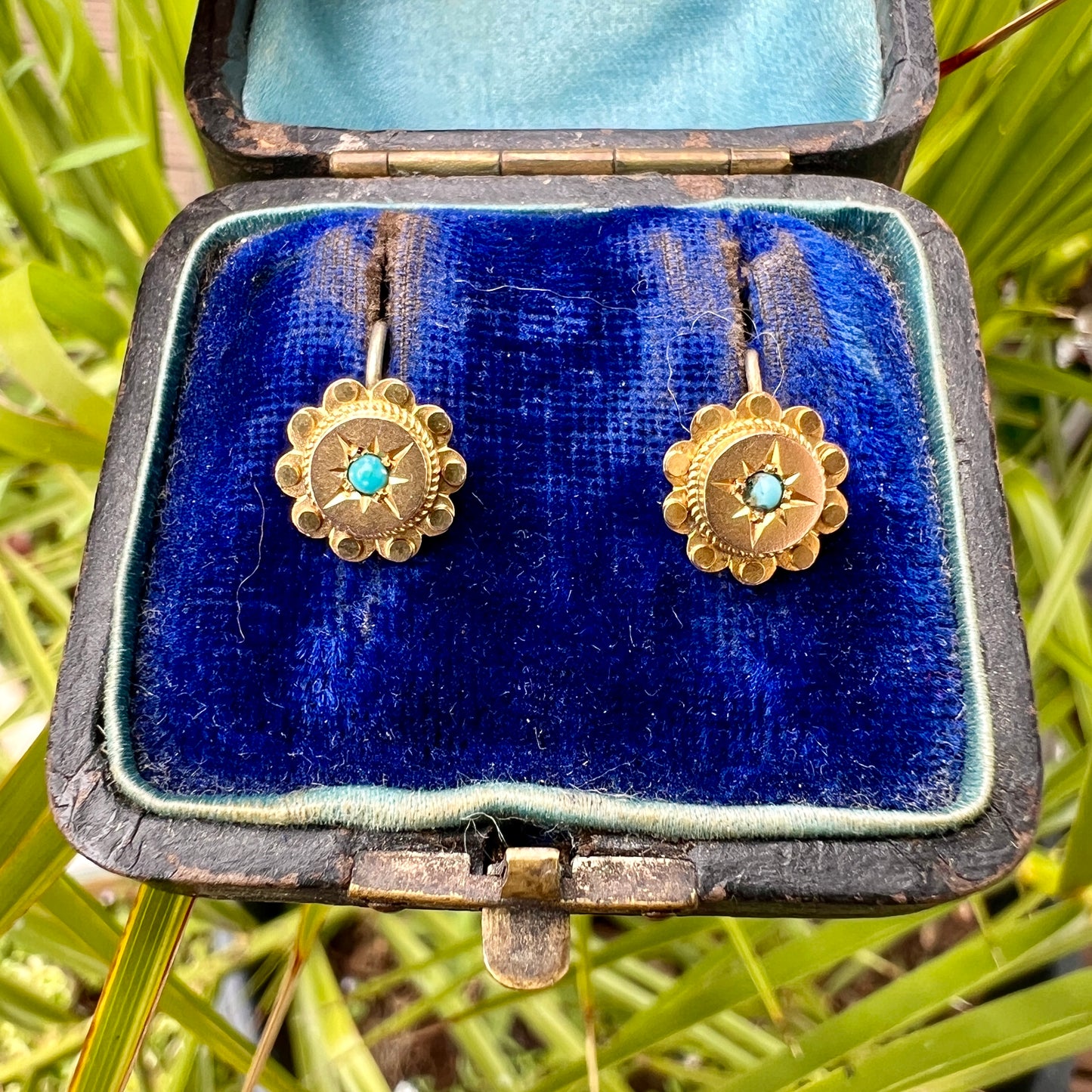 Victorian 9CT Gold and Turquoise Flower Earrings