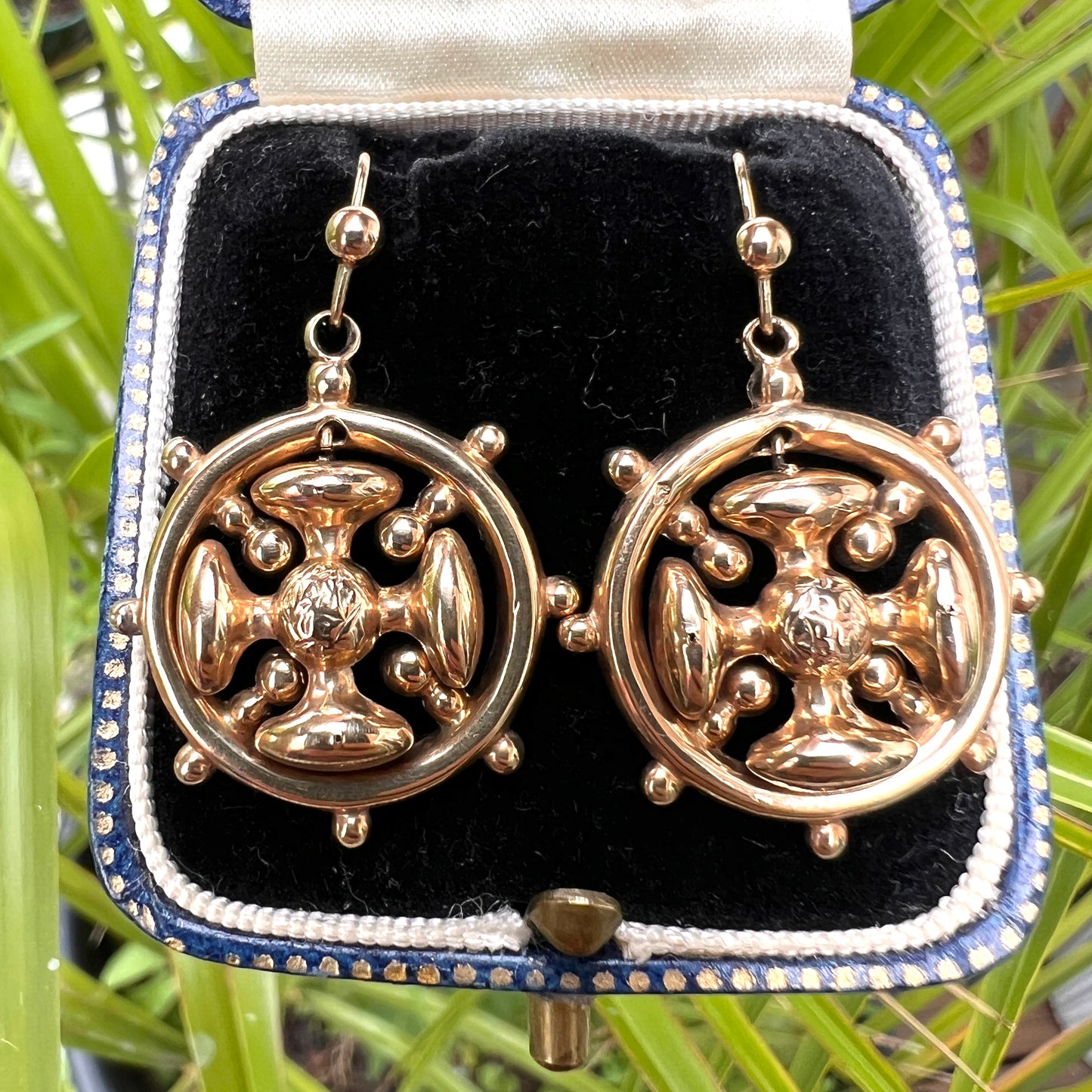 Victorian 9CT Gold Square Cross Wheel Earrings