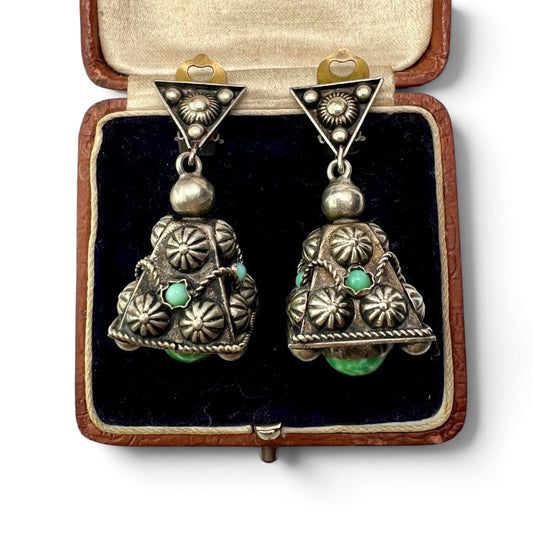 Vintage Turquoise Jade Glass Pyramid Clip Earrings