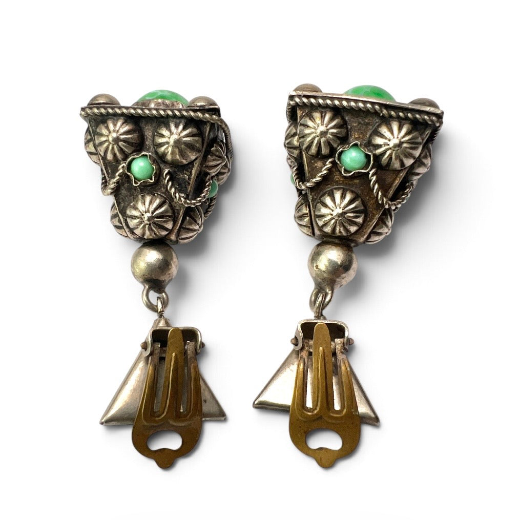 Vintage Turquoise Jade Glass Pyramid Clip Earrings