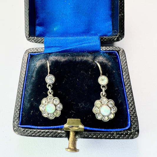 Antique Knoll & Pregizer Gold and Silver Opal and Paste Diamond Earrings