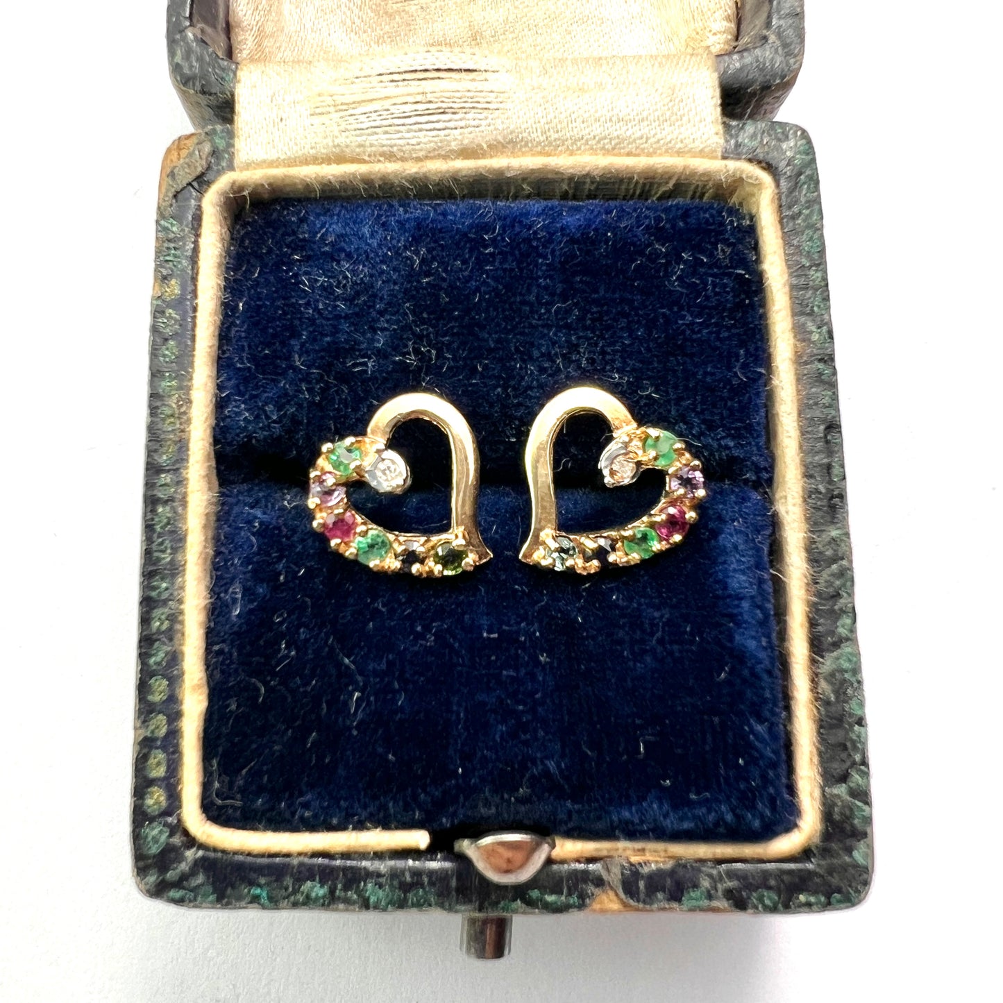 Vintage DEAREST Gemstone Acrostic 9CT Gold Heart Stud Earrings