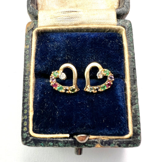 Vintage DEAREST Gemstone Acrostic 9CT Gold Heart Stud Earrings