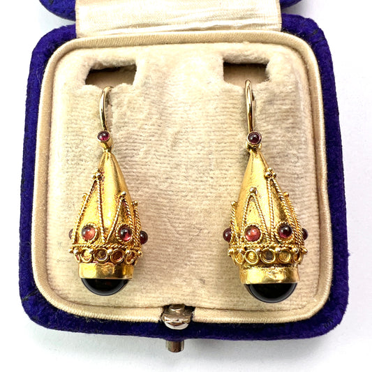 Victorian Garnet Etruscan Golden Teardrop Earrings