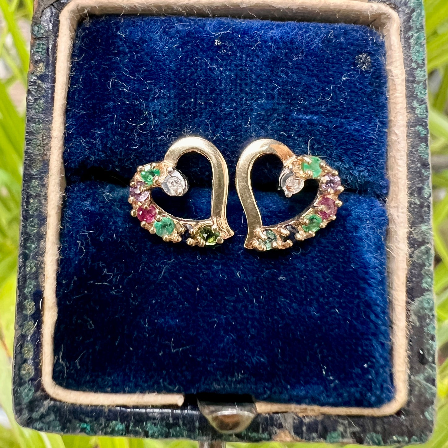Vintage DEAREST Gemstone Acrostic 9CT Gold Heart Stud Earrings