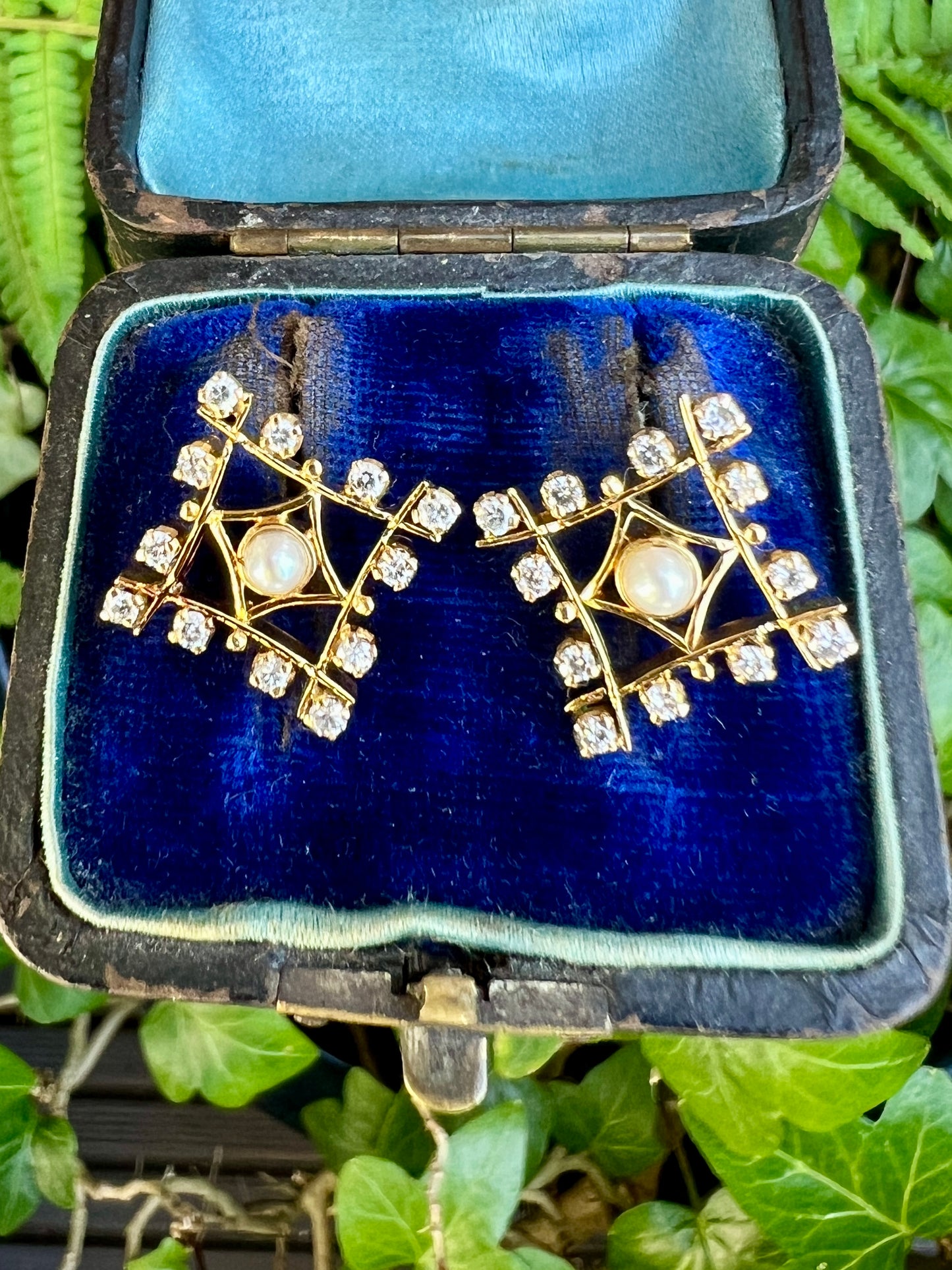 Vintage Diamond and Pearl Gold Stud Earrings