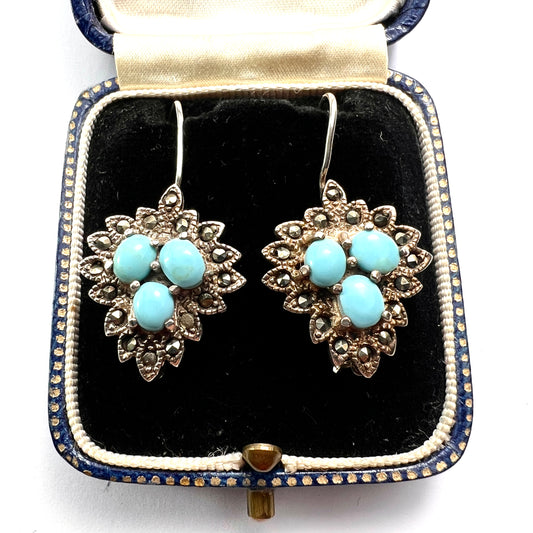 Vintage Turquoise Sterling Silver Marcasite Earrings