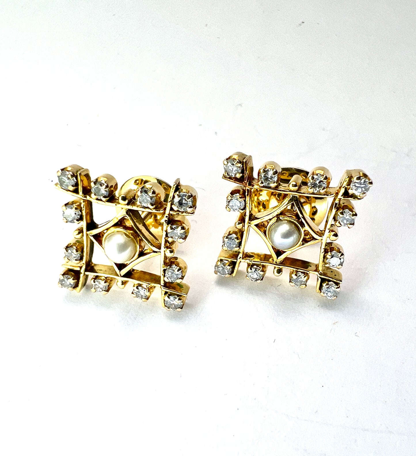Vintage Diamond and Pearl Gold Stud Earrings