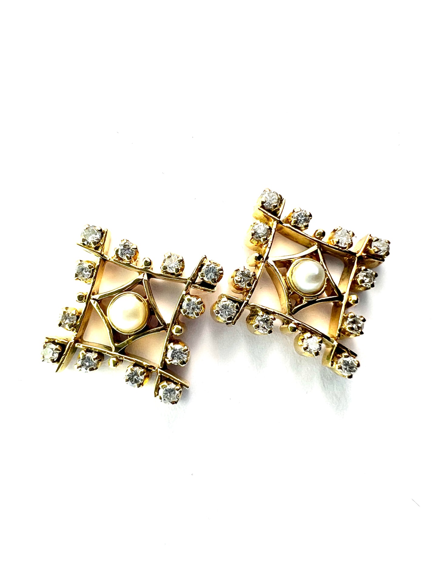 Vintage Diamond and Pearl Gold Stud Earrings