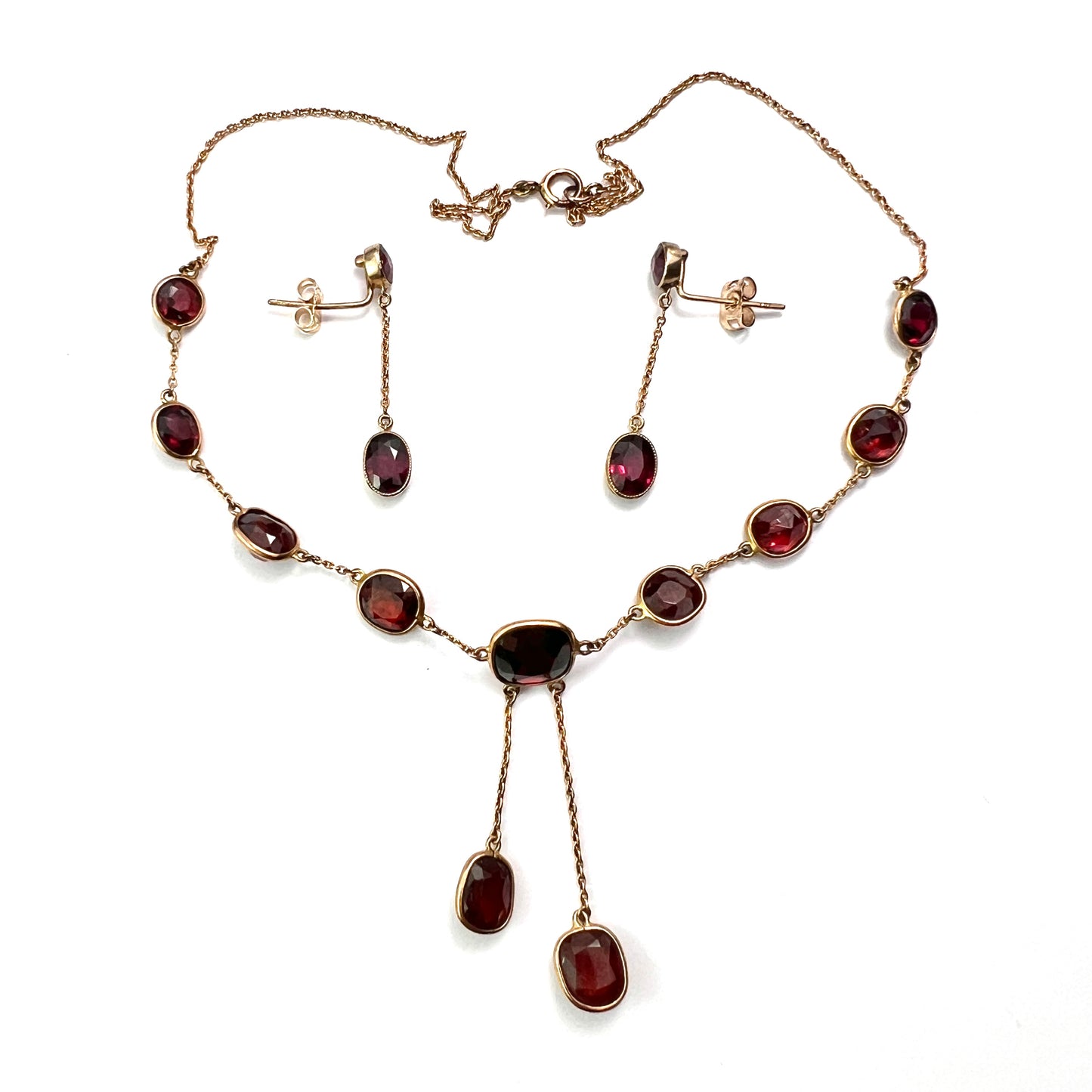 Edwardian Garnet 9CT Gold Earrings and Negligee Necklace