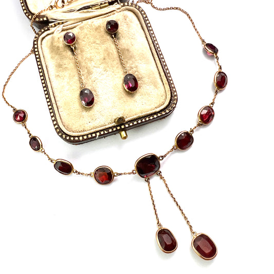 Edwardian Garnet 9CT Gold Earrings and Negligee Necklace