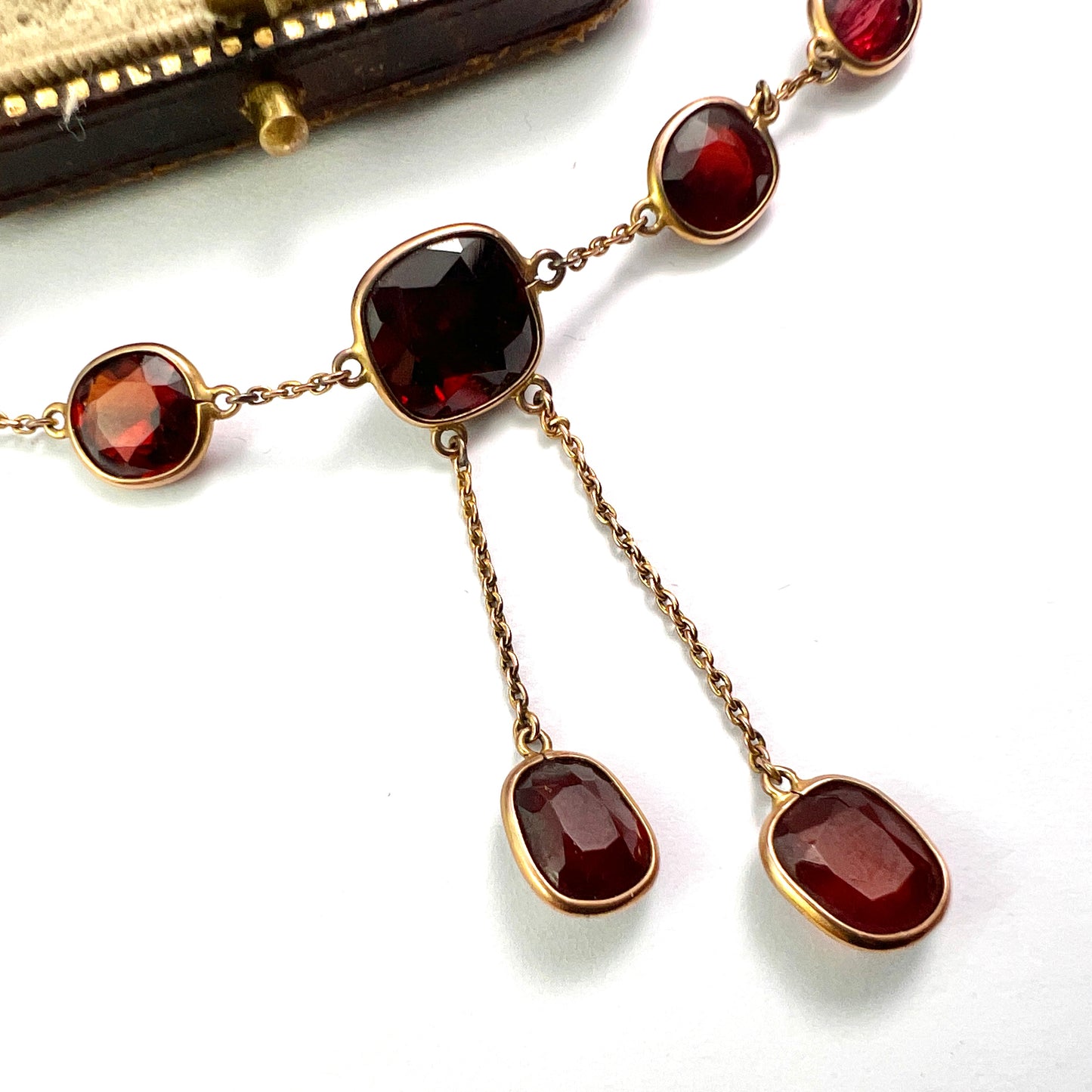 Edwardian Garnet 9CT Gold Earrings and Negligee Necklace