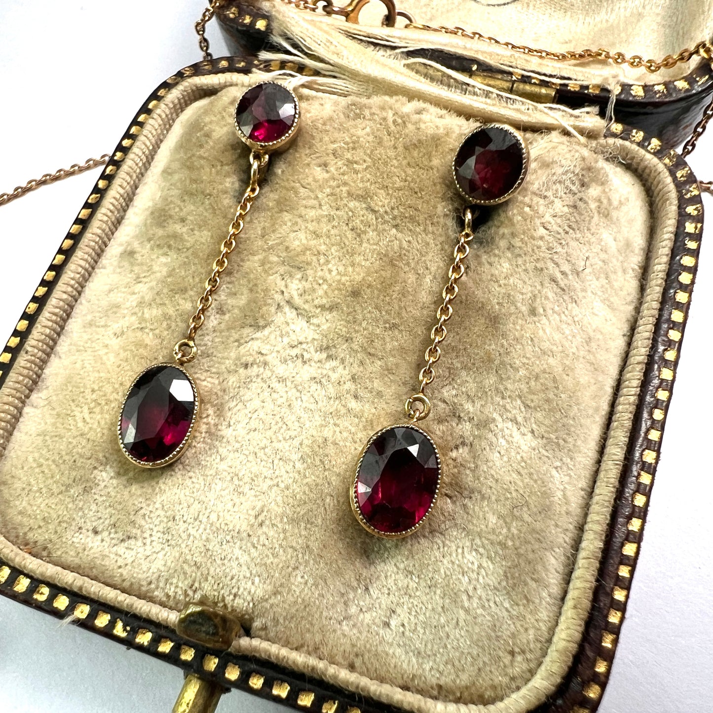 Edwardian Garnet 9CT Gold Earrings and Negligee Necklace
