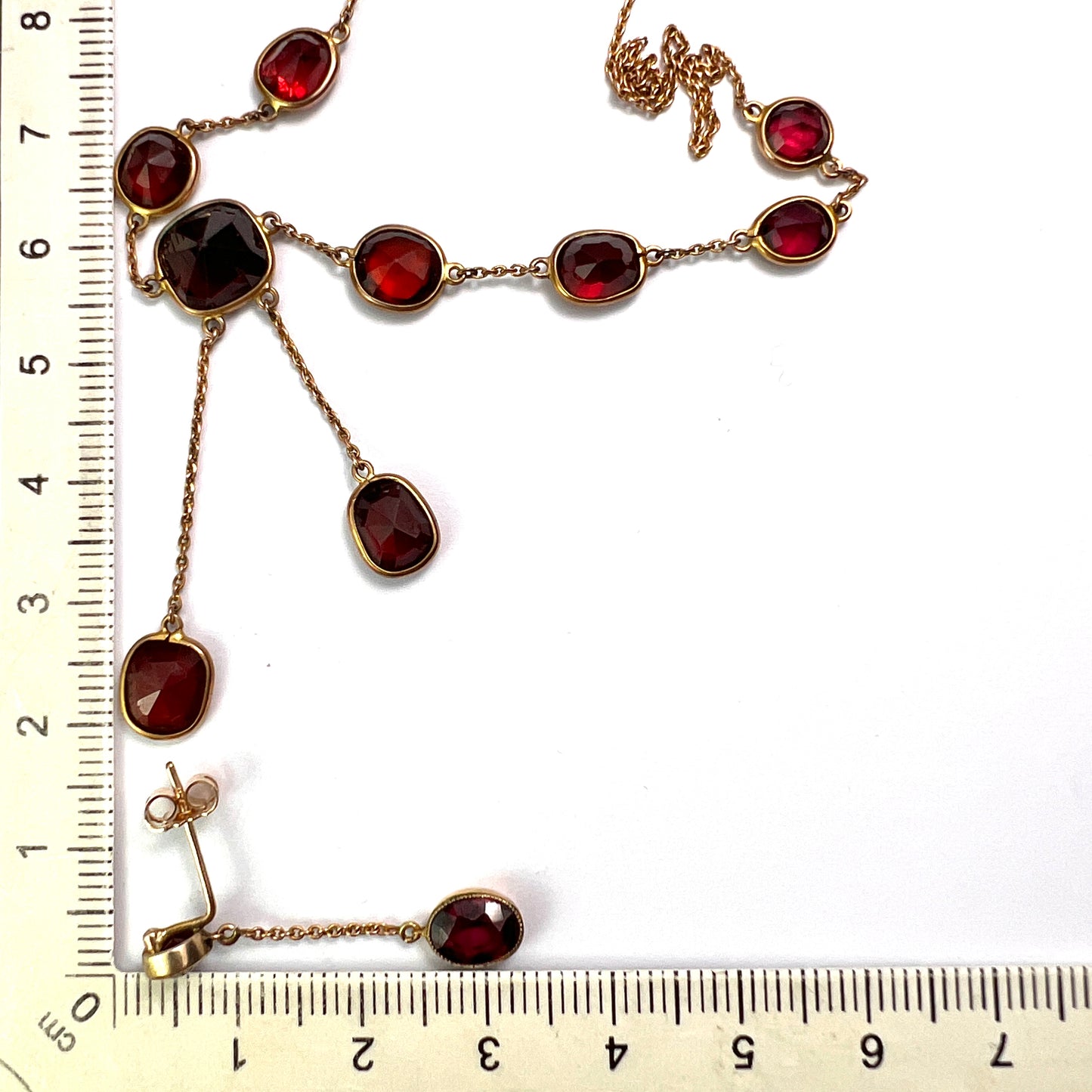 Edwardian Garnet 9CT Gold Earrings and Negligee Necklace