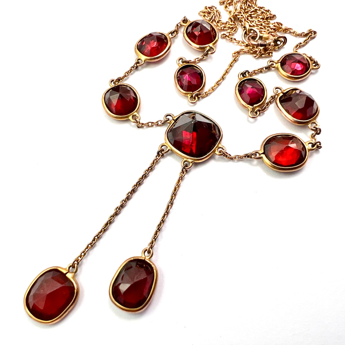 Edwardian Garnet 9CT Gold Earrings and Negligee Necklace