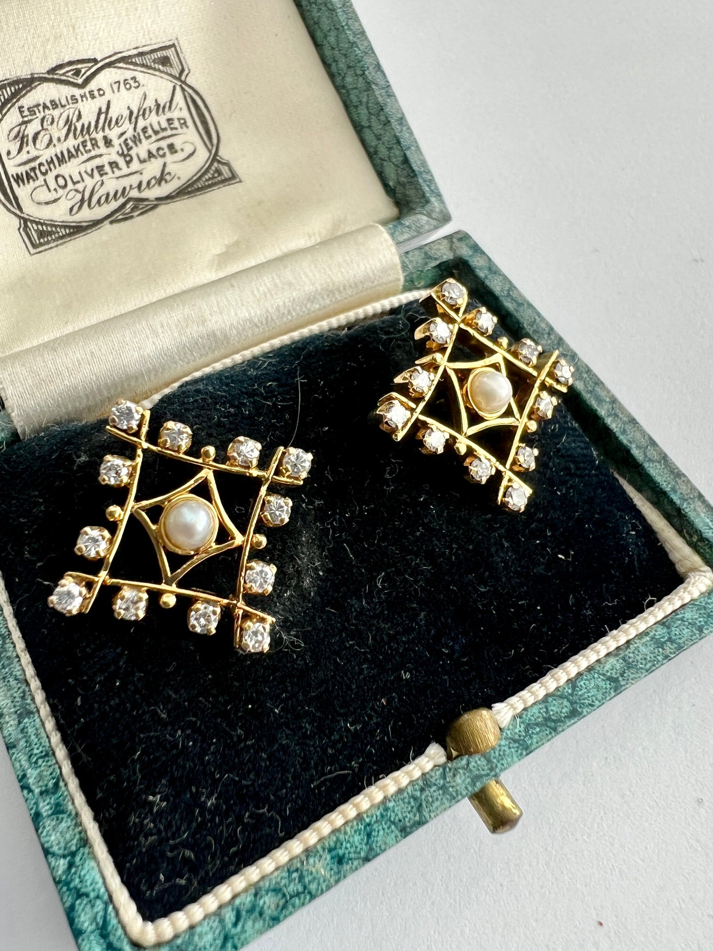 Vintage Diamond and Pearl Gold Stud Earrings