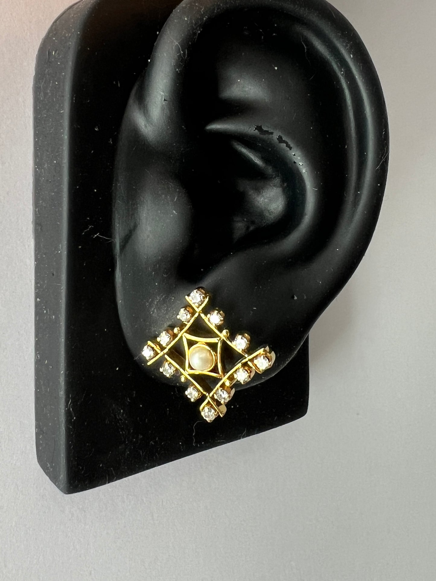 Vintage Diamond and Pearl Gold Stud Earrings