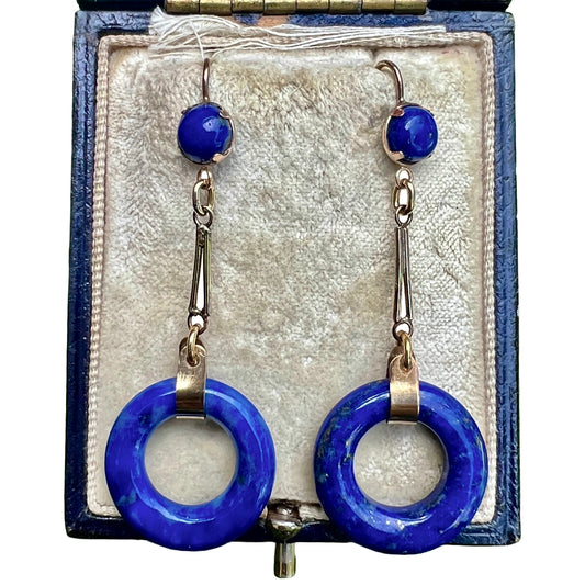 Rare Art Deco Lapis Lazuli Gold Torus Earrings